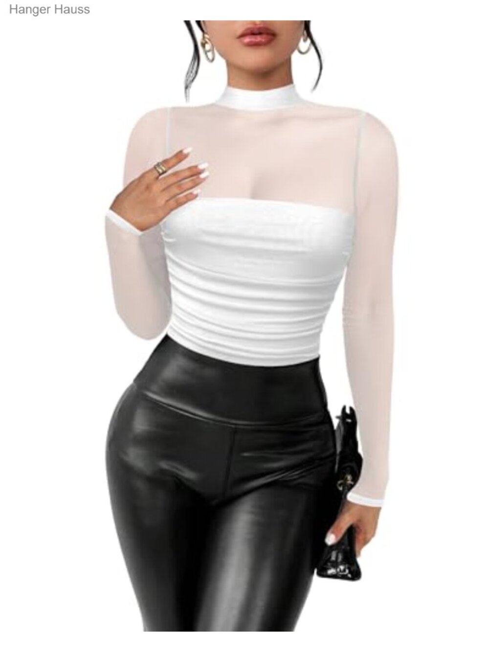 Women's Long Sleeve Mock Neck Ruched Sheer Mesh Bodysuit Top